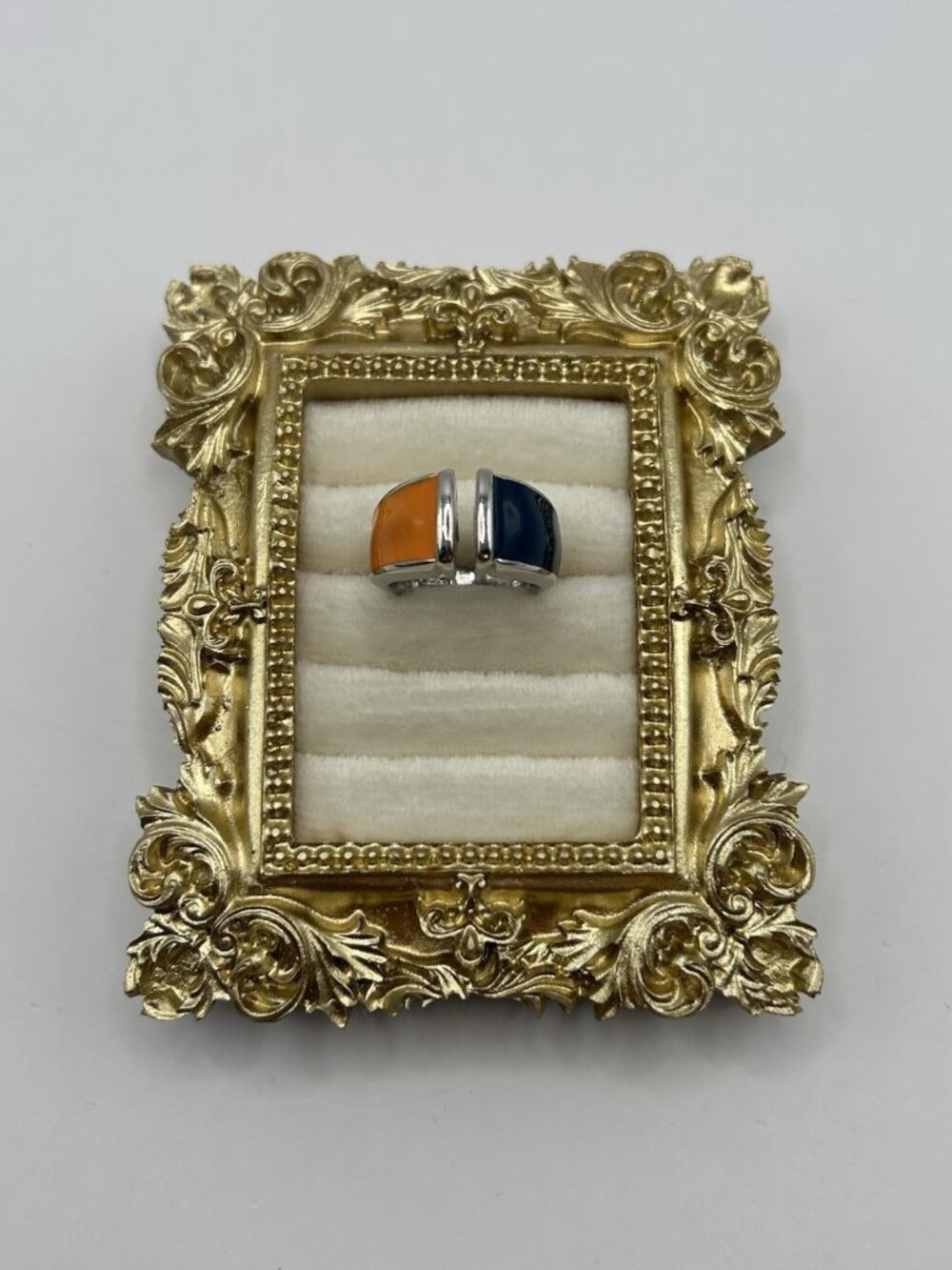 Modern Open Band Costume Ring Orange & Navy Enamel Silver Tone Size 7